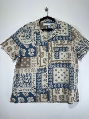 Lucky Brand Linen Blend Patchwork Bandana Shirt Short Sleeve Blue Tan Size L